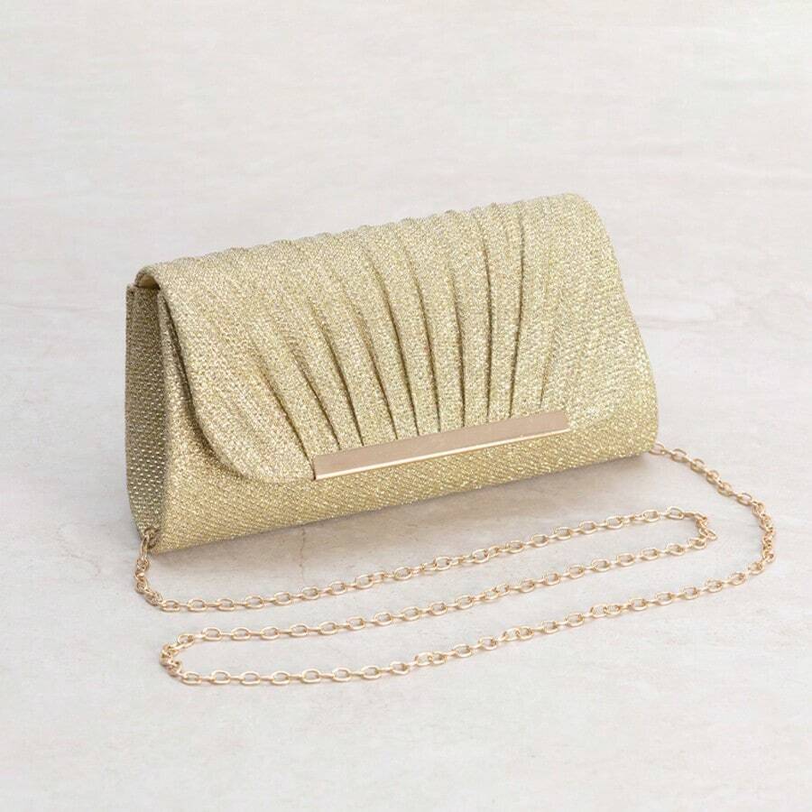 Pale Pink Shell Texture Small Square Clutch Bag With Metal Trim, Women's Evening Party Handbag