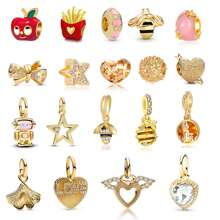 1 peça de pulseira original com pingente de contas, coleção de cores douradas, maçã, batatas fritas, abelha, flor, folhas, asas de amor, laço, estrela e pingente de contas rosa para pulseiras, joias femininas faça você mesmo