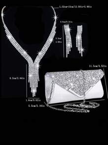 Conjunto com 3 Peças: 1 Peça Bolsa de Embreagem Elegante Versátil da Moda Feminina com Lantejoulas, 1 Peça Bolsa de Ombro com Corrente, 1 Peça Colar e Brincos com Decoração de Borla de Strass para Festa e Uso à Noite