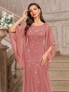 MIUSOL 优雅亮片花卉蕾丝蝴蝶袖网纱正式派对礼服，端庄女士长裙，适合婚礼宾客、毕业典礼、宴会等场合，也适合情人节春季穿着。 - 藕粉色 - 查看 8