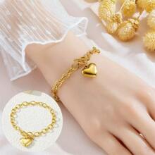 1 Set de joyas de acero inoxidable de moda que incluye un collar con dije de corazón brillante, pulsera y aretes, adecuado para conjuntos de oficina o de viaje al aire libre para mujeres