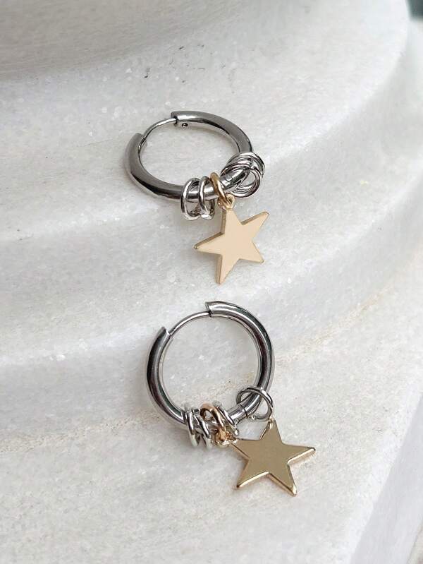 1 par de pendientes de aro de estrella de acero inoxidable con diseño punk, accesorios de moda adecuados para uso diario