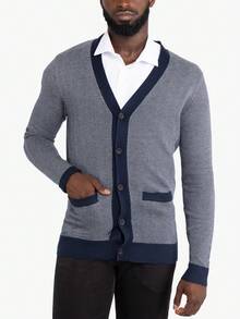 Men's Herringbone Cardigan Sweater - White/Navy - View 3