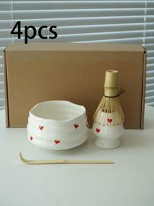 1pc/2pcs/4pcs/5pcs Hand-Painted Heart Matcha Tea Set, High-Quality Heart Shaped Matcha Bowl, Matcha Whisk, Tea Scoop, Full Set Of Cute Fresh Matcha Utensils, Suitable For Matcha Beginners, Gift For Matcha Lovers, Birthday Present Back To School
