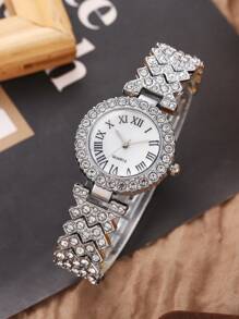 6 pièces/set Montre à quartz élégante pour femmes avec bracelet, boucles d'oreilles, collier et bague assortis aux multiples diamants et motif d'écailles romaines. Convient pour une utilisation quotidienne.
