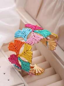 1pc Elegant Fashionable Ginkgo Leaf Raffia Open Bangle Bracelet, 6 Color Option, Suitable For Beach, Hawaii Travel Wear