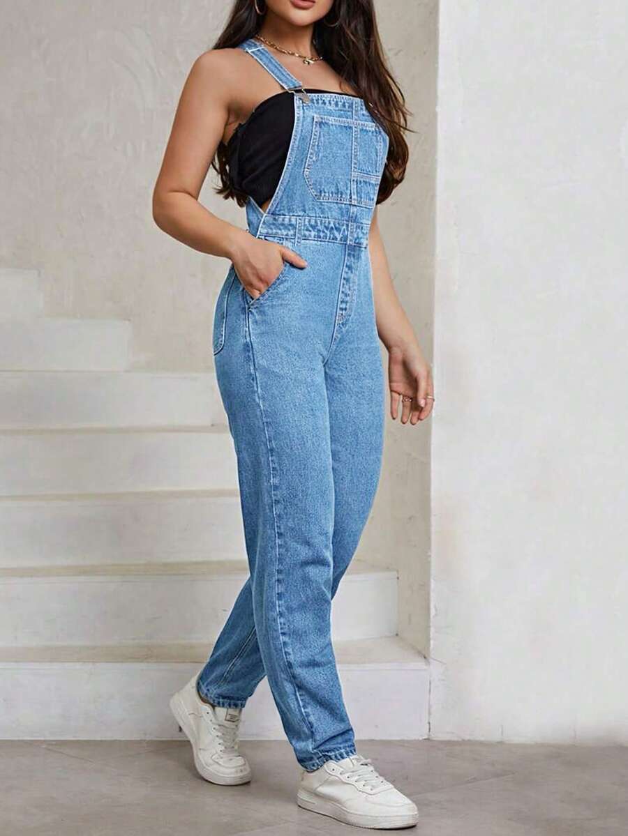 Women's Y2K Fashionable Slim Fit Casual Denim Overalls, Paired With Sexy Backless, Suitable For All Seasons, Suitable For Parties, Birthday Parties, Evening Parties, Dances/Banquets, Fashion Shows, Celebrations, Cocktail Parties, Music Festivals, Concerts - 藍 - 查看 1