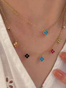 1pc Women Colorful Floral Sweet Style Necklace With Micro-Inlaid Zirconia Stone Pendant