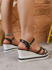 Women's Pearl Embellished Waterproof Platform Wedge Sandals, Elegant Ankle Strap Beach Vacation Sandals, Black Everyday Commuting Sandals For Ladies, Summer - Black - View 5