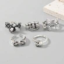 5pcs Adjustable Silver Skeleton Rings Set, Punk Rock Style Biker Rings For Men, Suitable For Nightclub, Party, Bar Wear, Versatile DIY Street Accessories