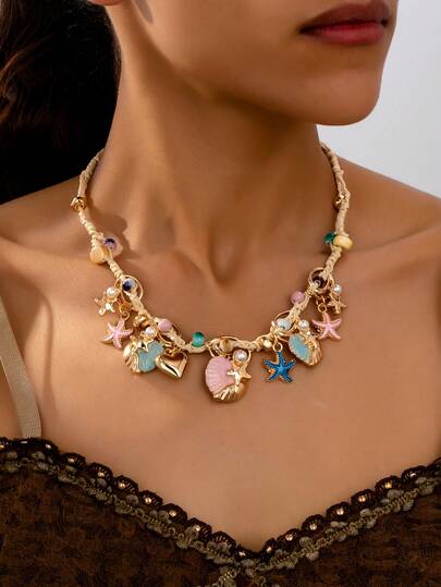 1 pezzo Collana bohémien ispirata alla vita marina, con stelle marine colorate e perline conchiglia, adatta per uso quotidiano, vacanze e feste in spiaggia delle donne