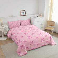 Kids Pink Bow Comforter Set,Cute Bowknot Bedding Set Queen Size,Girls Bedroom Room Decor,Dreamy Princess Style Comforter,Kawaii Bow Tie Bed Set For All Season - 粉色 - 查看 2