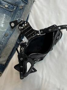 1pc Women's Vintage Moto Rocker Rivet Decor Adjustable Strap Large Capacity Soft Faux Oil Wax Leather Ombre Crossbody Bag, Suitable For Work Commute, Date, Party - Black - View 10