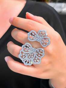 1 anel aberto com zircônia cúbica grande e flor grossa, joia ajustável banhada a prata para mulheres, noiva, casamento, noivado, banquete, festa, madrinhas, presente de Natal