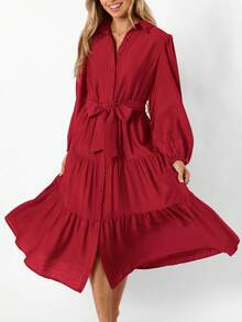 Women's Dresses Long Sleeve Dresses Casual V Neck Tie Button Down Flutter Tie Waist Shirt Dresses - Đỏ - Xem 3
