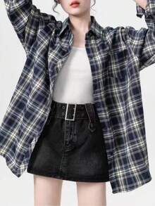 女式 Polo 领蓝色格子长袖衬衫，复古休闲简约衬衫夹克，适合返校、毕业、日常穿着，秋季