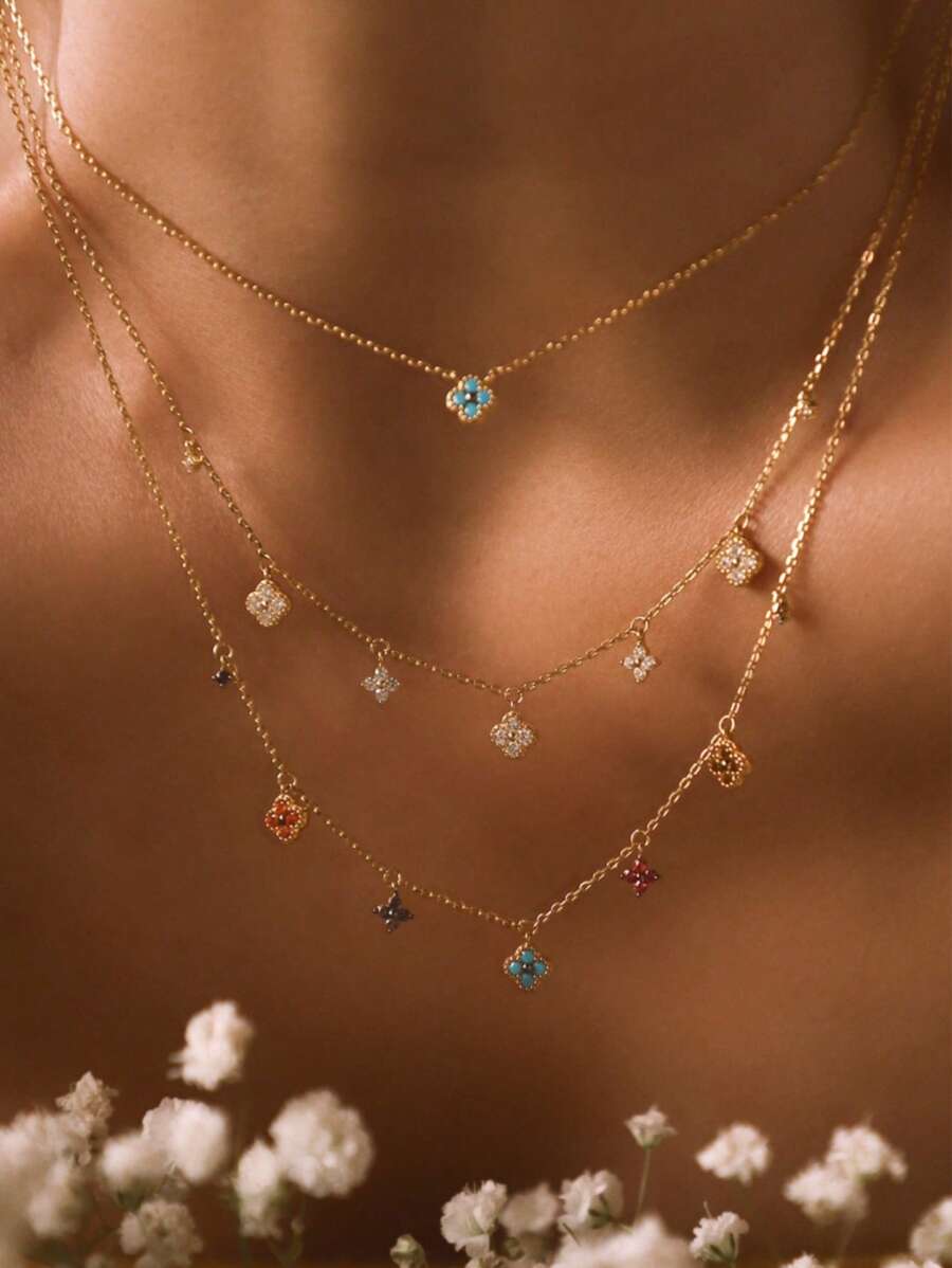 1pc Women Colorful Floral Sweet Style Necklace With Micro-Inlaid Zirconia Stone Pendant