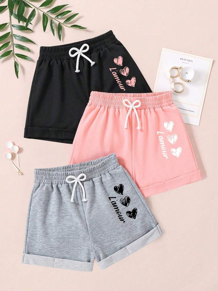 女童三件套心形印花短裤（配系带腰带）