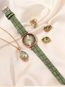 Conjunto de 5 piezas que incluye: Reloj de mujer con dial digital circular de moda y personalizado, reloj de cuarzo de PU versátil, acompañado de colgante en forma de gota de agua, pendientes y anillo. Ideal para festivales, fiestas, parejas y uso diario. El mejor regalo para mujeres.