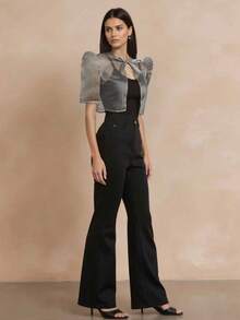 Blusa de manga abullonada, cintura con lazo y abertura frontal, inspirada en el estilo filipiniana, elegante y moderna para primavera/verano