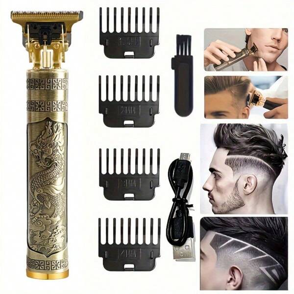 Professional Hair Clipper - Vintage Dragon T-Blade Trimmer Set, Metal Body With 4 Guide Combs, USB Charging, Zero Gap Beard And Hair Trimmer For Gradient, Alignment And Detail Trimming