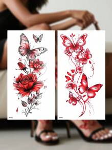 2pcs Temporary Tattoo Stickers, Featuring A Red Butterfly And Rose Design. Waterproof Temporary Tattoo Stickers, Suitable For Women's Legs, Arms And Feet. Easy To Use And Remove Temporary Tattoos, Perfect For Women's Body Art Fake Tattoos.