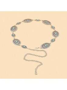 Green Turquoise Carving Silver Belt Buckle Chain, Elegant Geometric Design Summer - Antique Silver - View 1