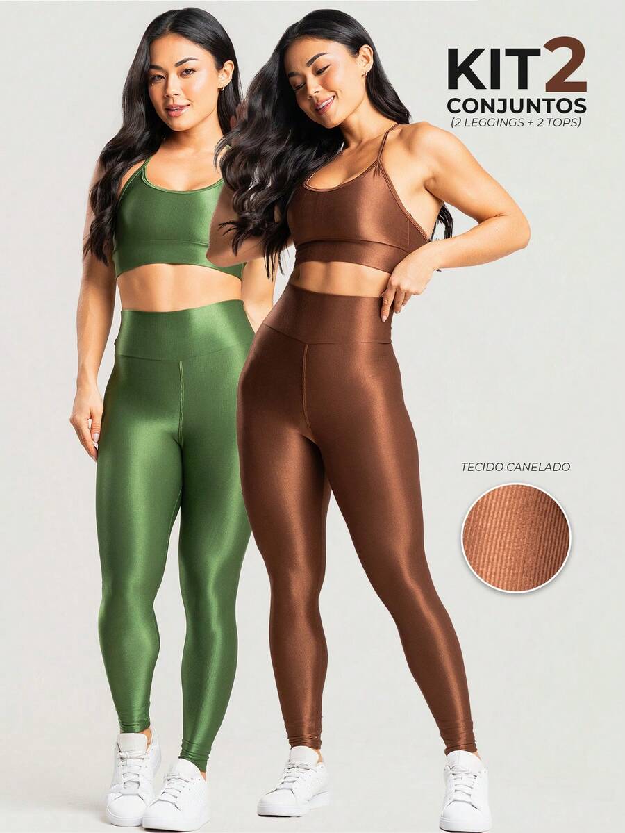 Women's 2-Piece Fitness Set Kit – 2 Tops And 2 Shiny Ribbed Leggings With High Waistband - 綠色/棕色 - 查看 1