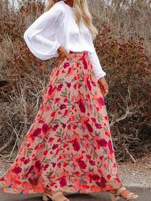 Women's Casual Beach Holiday Floral Printed Chiffon Opaque Lining, Elegant High-Waist Loose Fit Midi Skirt, Suitable For Spring And Summer Wear - Nhiều màu - Xem 1