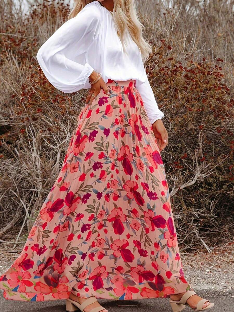 Women's Casual Beach Holiday Floral Printed Chiffon Opaque Lining, Elegant High-Waist Loose Fit Midi Skirt, Suitable For Spring And Summer Wear - Nhiều màu - Xem 1
