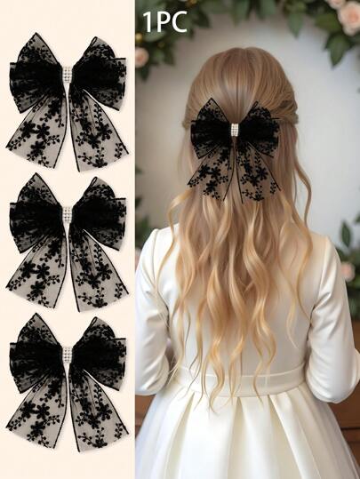 1pc Girls Lace Bow Hair Clips, Elegant White Hair Bows For Girls, Girls Cute Flower Print Bow Hair Clips, Exquisite Faux Pearl Hairpins, For Daily And Holiday, Hair Accessories