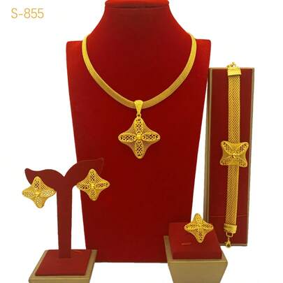 ANIID 1 Juego de 4 piezas Conjunto de joyería de mujer chapado en oro con colgante de cuerda en forma de estrella, pulsera, pendientes y anillo, adecuado para novia de Medio Oriente, Dubái, África, Europa y EE. UU., para fiesta de boda, Día de la Madre, regalo de graduación, uso diario