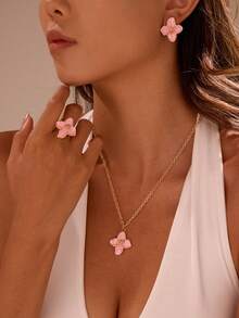 1 Set Of 4pcs Colorful Crystal Flower Pendant Necklace, Earrings And Ring Jewelry Set, Sweet & Fashionable, Suitable For Daily Wear, Vacation, Evening Party, Gift For Friends - Four-petal Flower Set - View 4