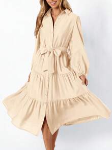 Women's Dresses Long Sleeve Dresses Casual V Neck Tie Button Down Flutter Tie Waist Shirt Dresses - 卡其色 - 查看 3