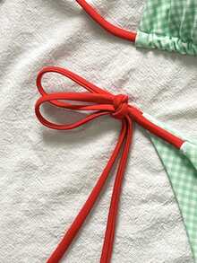 Set de 2 piezas Bikini de mujer estampado de cuadros azul y blanco 2025 - Verde - Ver 5