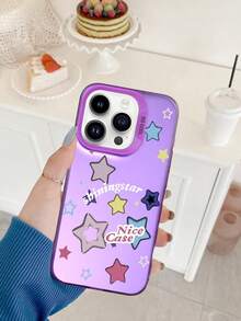 1pc Stars, Text, Purple Pattern Silver Laser Mobile Phone Case, Laser IMD Mobile Phone Case, Suitable For All Models Of Apple Mobile Phone Cases, Can Be Used For Apple 11/12/13/14/15/16/Pro/Plus/Pro Max/16e Mobile Phone Cases - 紫色 - 查看 4
