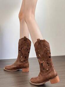 Retro Brown Western Cowboy Boots, Women Spring Autumn 2025 New V-Cut Hollow Mid-Calf Rider Boots, Vintage Style