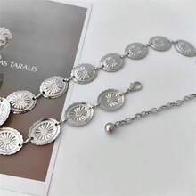 1 件女士银色椭圆形合金超长腰链，高端金属链腰带，适合连衣裙、西装、中国传统服装，时尚百搭