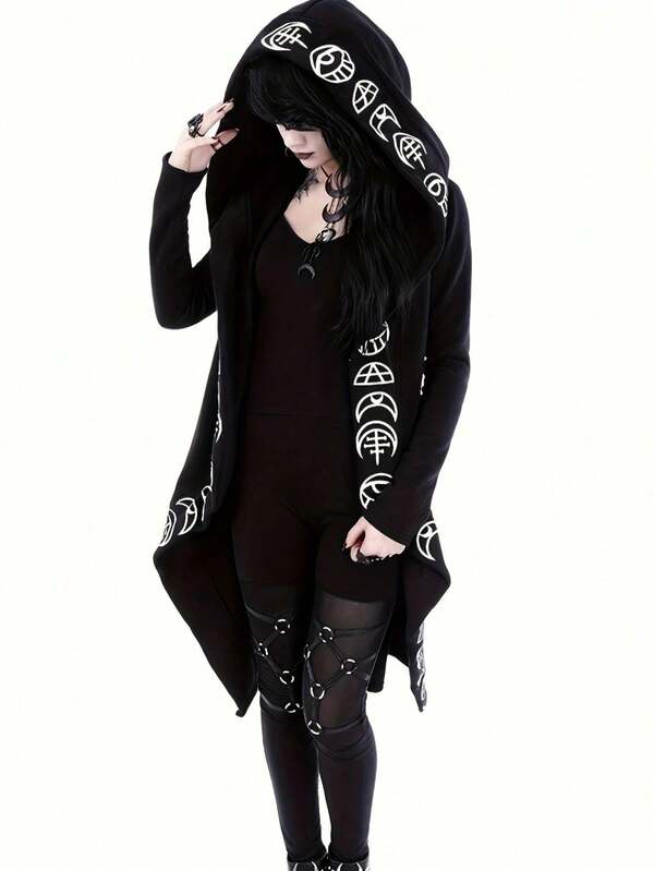 Women's Elegant Gothic Style Printed Hooded Long Cardigan, Warm Autumn/Winter Jacket