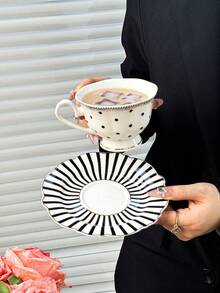 1pc Luxury Polka Dot Coffee Cup And Saucer Set, Classic Striped Polka Dot English Afternoon Tea Cup And Saucer, Ceramic Material, High-Temperature Painting Craft, Nordic Style, Minimalist, Creative, Mug/Coffee Cup/Afternoon Tea Cup - Multicolor - View 2