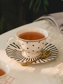 1pc Luxury Polka Dot Coffee Cup And Saucer Set, Classic Striped Polka Dot English Afternoon Tea Cup And Saucer, Ceramic Material, High-Temperature Painting Craft, Nordic Style, Minimalist, Creative, Mug/Coffee Cup/Afternoon Tea Cup - Multicolor - View 3