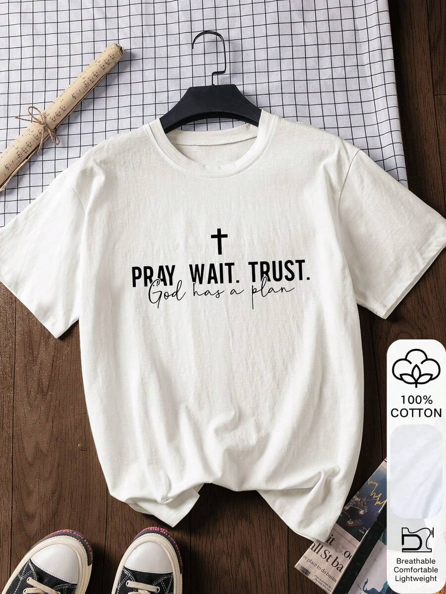 “祈祷、等待、信赖”印花休闲短袖上衣，100%纯棉，女士图案T恤，柔软面料，棉质服装，户外上衣，印花图案，夏季T恤，女士T恤，上衣，夏季衬衫，度假装，旅行风格，海滩风情，简约度假服饰 - 白色 - 查看 1