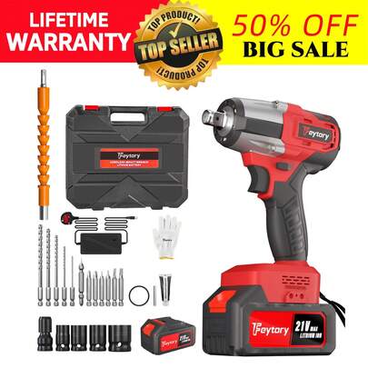 AutoFu Cordless Impact Wrench, Brushless 1/2" Power Impact Driver, High Torque Electric Wrench With Socket Set, Drill Set ,Carry Box, For Car Home DIY