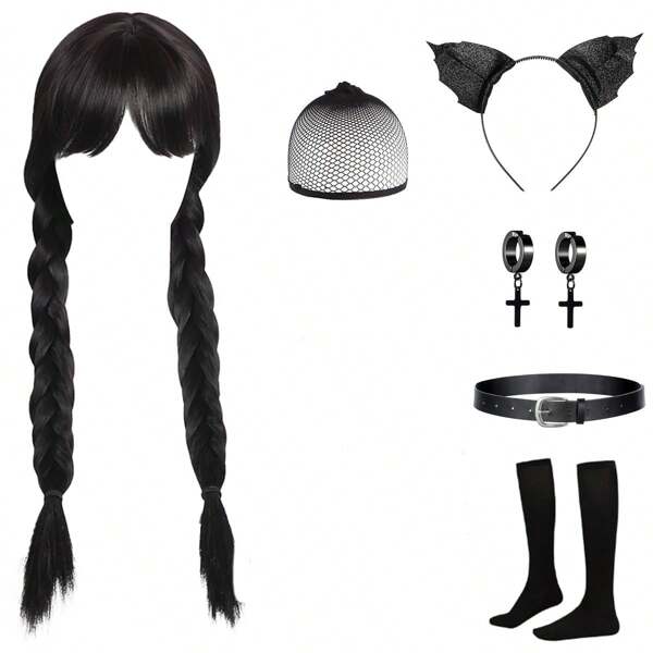 Langes schwarzes Perückenset, Halloweenkostüme für Kinder und Mädchen, lange schwarze Zöpfe mit Pony, Handschuhen, Halskette, Armband, Ohrringen für Kinder, lange glatte Perücke mit Zöpfen für Erwachsenenkostüme, Cosplay