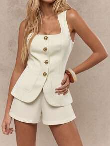 Bộ áo vest và quần short nữ kiểu retro thanh lịch, cài một hàng khuy, có túi giả, thích hợp mặc hàng ngày và đi làm, màu trắng tinh khôi cho mùa hè. - Màu be - Xem 2
