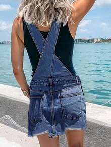 Women's Denim Overall Dress, Dress - 中等水洗藍 - 查看 3