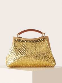 女士复古极简钩编手提包，仿编织纹理，安哥拉红铆钉装饰，褶皱云朵扣手拿包，适合外出、聚会和日常搭配 - 金色 - 查看 2