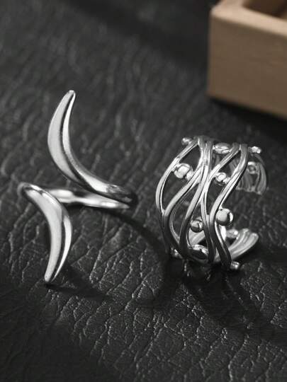 2 طقم خاتم صناعة الشارع الأنيق المصنوع من الفولاذ المقاوم للصدأ ذو فتحة غير متماثلة، قابل للتعديل للارتداء اليومي للرجال