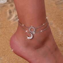 2Pcs/Set Sun & Moon Pendant Anklet - Vintage Chain Ankle Bracelet Middle East Style Adjustable Fit Foot Chain Boho Luxury Beach Charms Jewelry Gift For Women Summer Beach Vacation Accessories