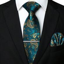 Juego de 5 piezas, corbata clásica de hombre con estampado de cachemira, corbata de tela de 1200 agujas con flor de anacardo, pañuelo de bolsillo, gemelos, clip de corbata y alfiler de solapa, adecuado para hombre en trabajo, negocios, formal, boda, casual y graduación